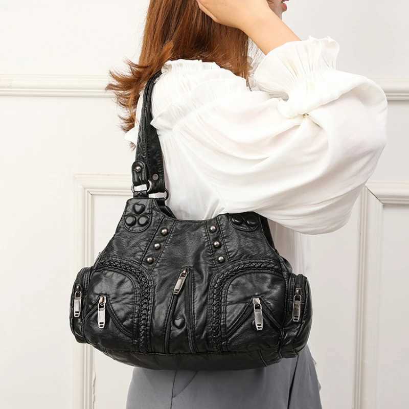 Black Y2k Women Shoulder Bag Vintage Punk Goth Designer Pu Leather Tote Bag Large Capacity Motorcycle Handbag