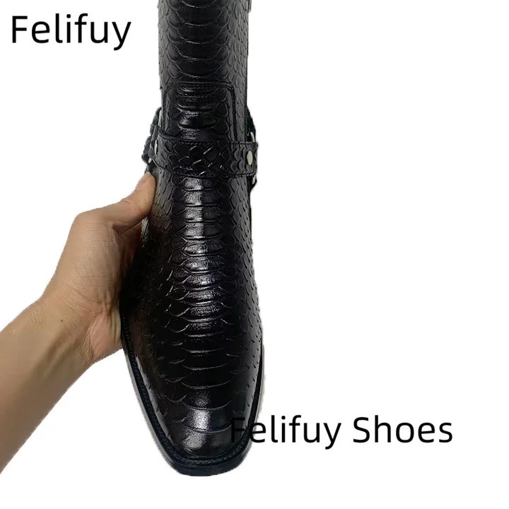 Genuine Leather Black Western Boots Snakeskin Buckle Strappy Men Ankle Boots Flats Trainers Side Zip Sapatos Shoes Men 250715