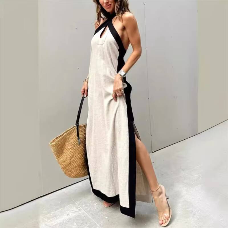 Boho Summer Sexy Womens Dress New Style Cotton Linen Backless Halterneck Slit Vintage Prom Dresses For Women Maxi Robe Femme dongdumaoyi