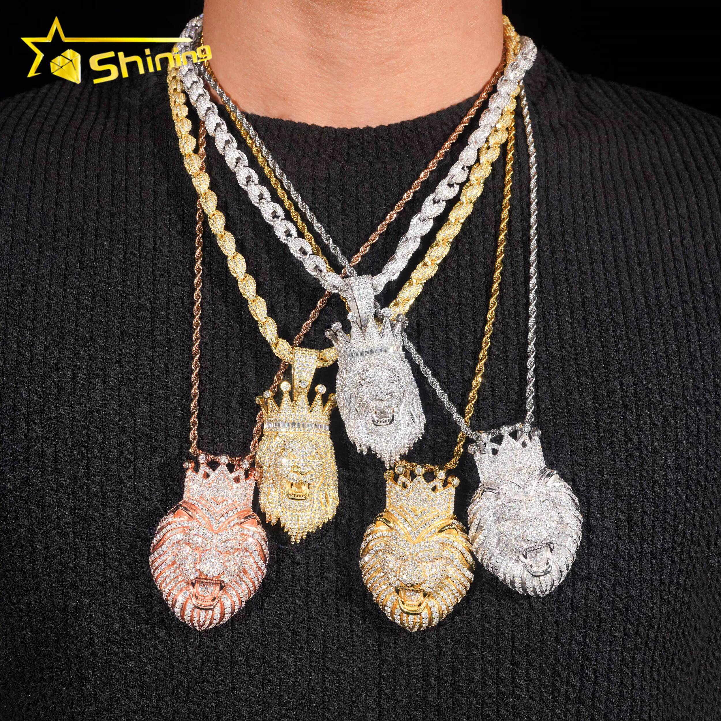 New Arrival 925 Sterling Silver Gold Plating Hip Hop Jewelry VVS Moissanite Lion Face Custom Iced Out Pendants