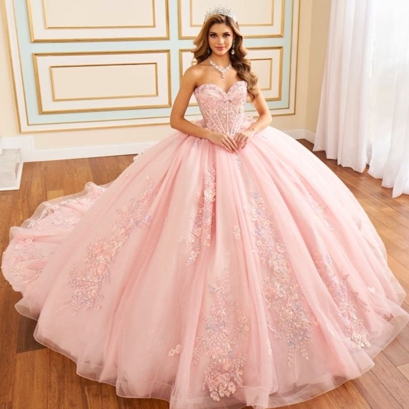 Pink Shiny Quinceanera Dresses Ball Gown Off Shoulder Appliques Lace Bow Beading Tull Corset Sweet 16 Dress Vestidos De 15 Anos