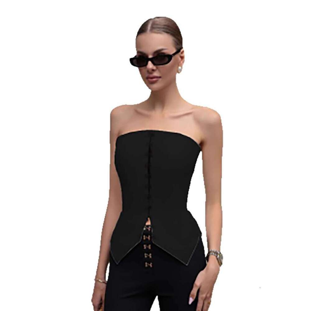 White Summer New Metal Buckle Sleeveless Top Sexy Slim Fit Strapless Women B5