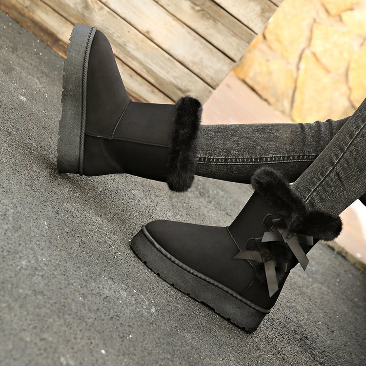 Free delivery designer fashionable plus size snow boots winter new style with plush and thick bow tie