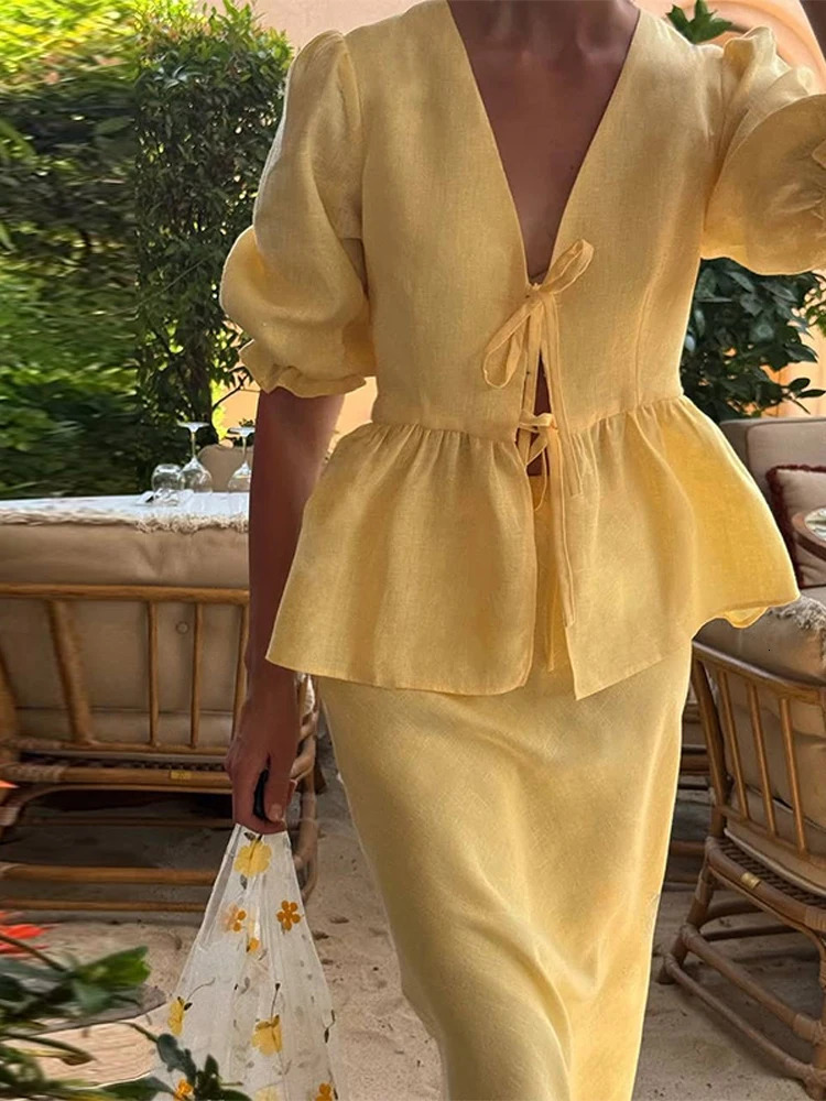 Womens Two Piece Long Skirts Set Puff Sleeve Tie- Front Peplum Top Slim Fit Maxi Skirt Summer Elegant Casual Daily Outfit 250715