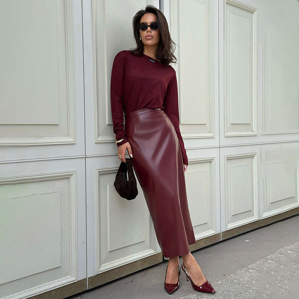 Ankela Red Split Bodycon Autumn New Fashion Leather High-End Slim PU Midi Skirt B5