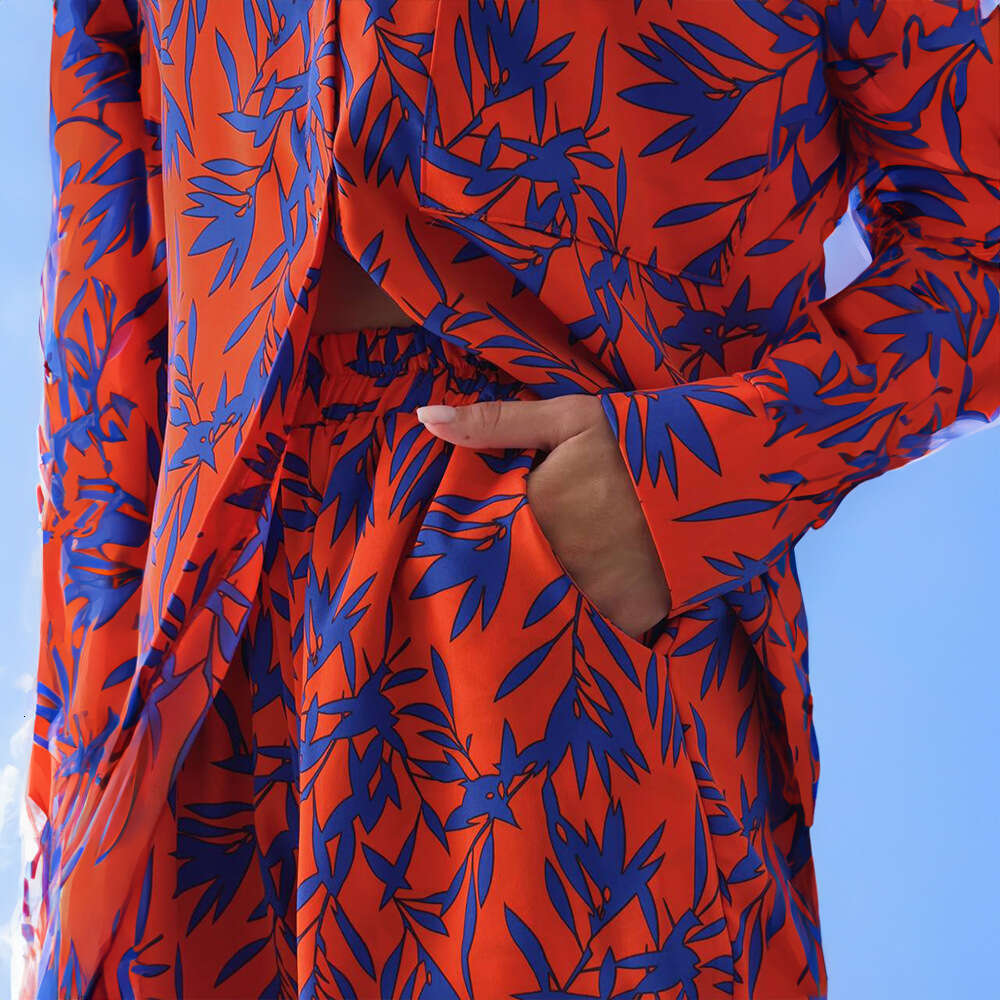 Summer Fashion Casual Orange Bamboo Leaf Printed Shirt Shorts Set B5