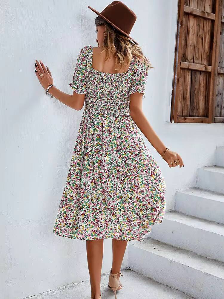 Bohemia Print 2025 New Summer Holiday Midi Dress Casual Puff Sleeve High Waist Boho Split Dresses For Women Clothes dongdumaoyi