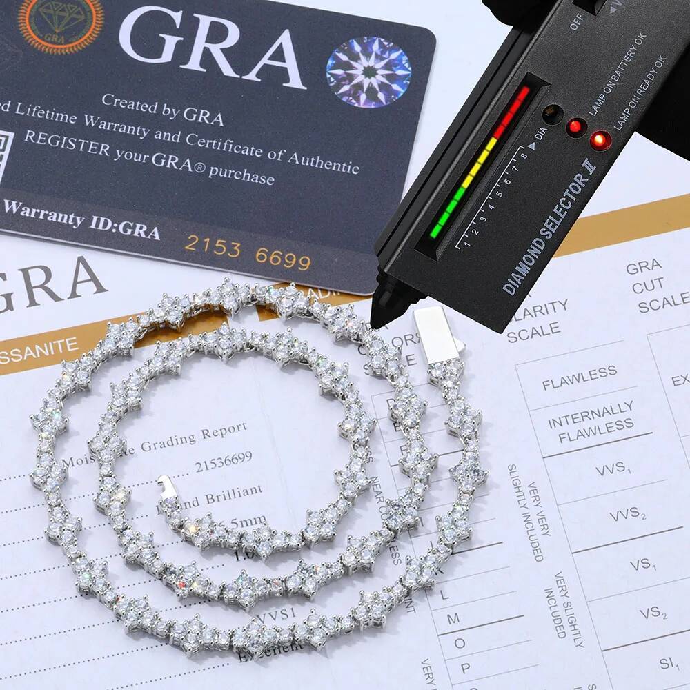 6.5mm Iced Out VVS Diamond Flower Shape Tennis Chain Hip Hop Jewelry 925 Sterling Silver Moissanite Tennis Chain Necklace
