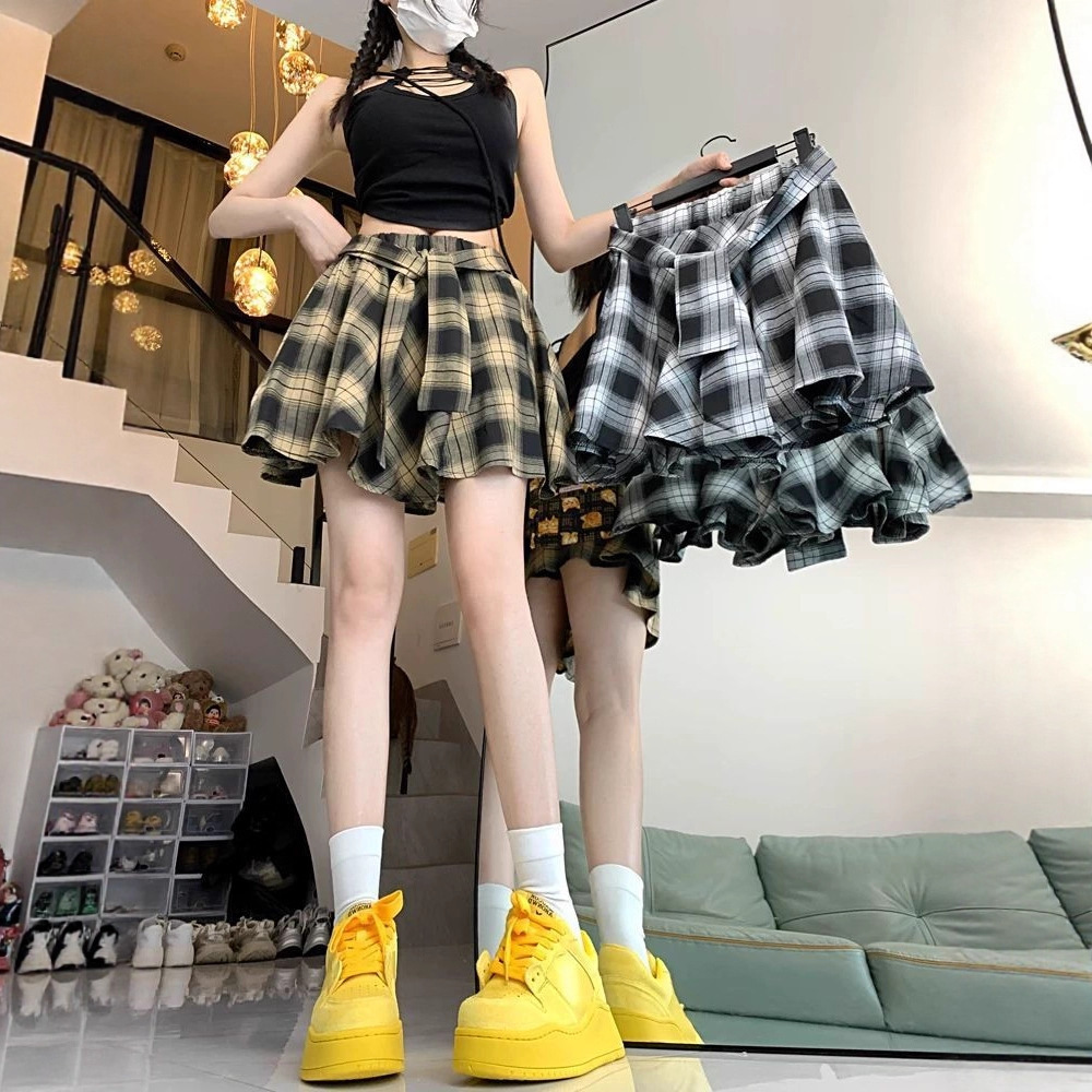 2025 Plaid Skirt Hip Covering Summer Half Women Street Dance Decoration Student Layered Shirt Hem Curtain Short
