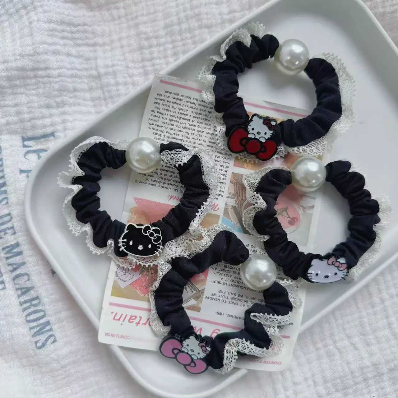 Sanrio 4pcs Sanrio Retro Small Fragrant Lace Edge Kitty Cat Hairband Girl High Ponytail Hair Ropew250716
