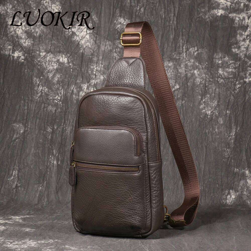 LUOKIR Men's Chest Fashion Casual Small Soft Leather Shoulder Bag Cowhide Crossbody Backpack