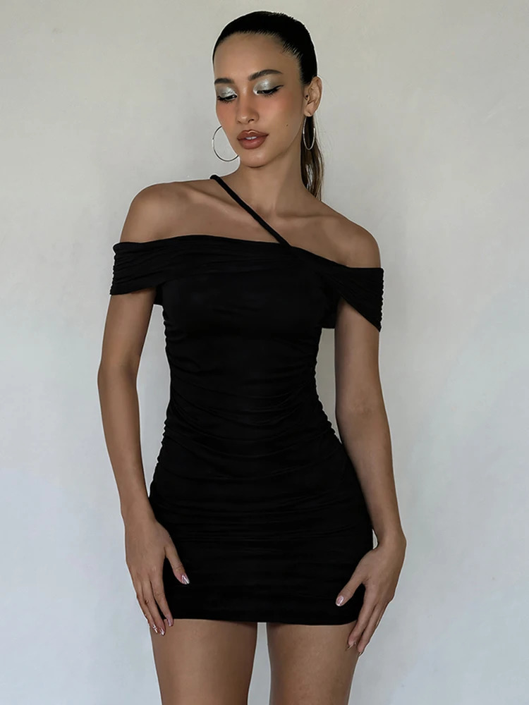 Weird Puss Pleat Irregular Dress Women Slash Neck Single Shoulder Skinny Stretch Backless Midnight Hipster Clubwear Mini Bodycon 250715