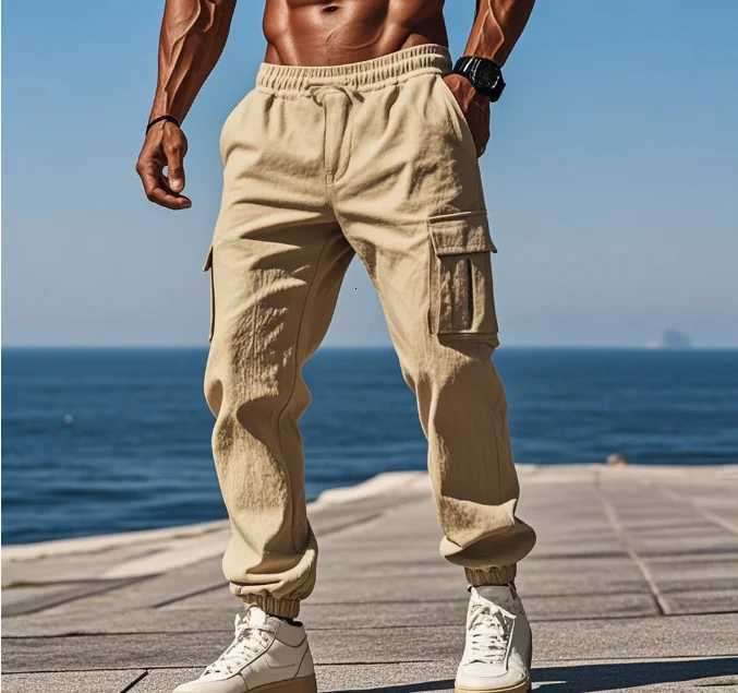 2025 New Mens Cotton and Linen Multi Pocket Ankle Pants Loose Drawstring Pants Workwear Sports Trend Mens Pants y250716