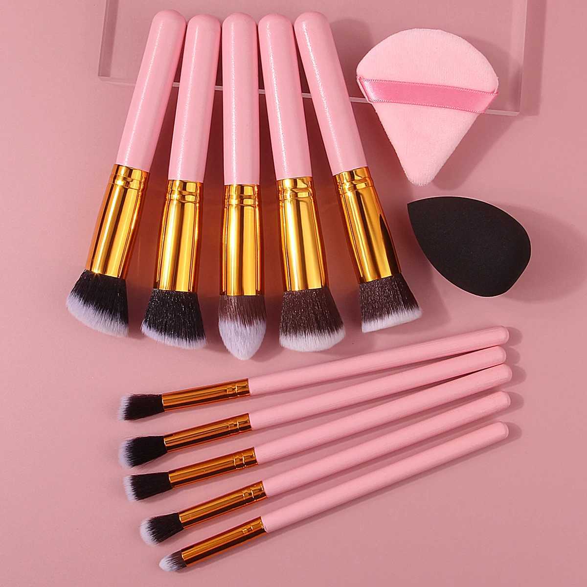 10pcs Pink Wooden Handle Makeup Brush Set with Triangular Powder Puff Sponge Egg Soft Bristles a Beginners Daily Makeup Tool XJ2500716