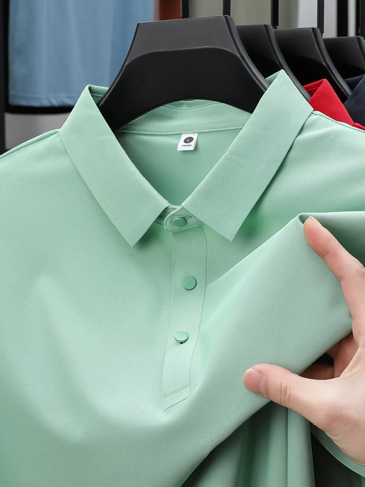 2025 Summer Mesh Ice Silk Short-Sleeved T-Shirt Mens Shirt Collar Red Green Khaki Solid Color Slip High-End Polo 250716