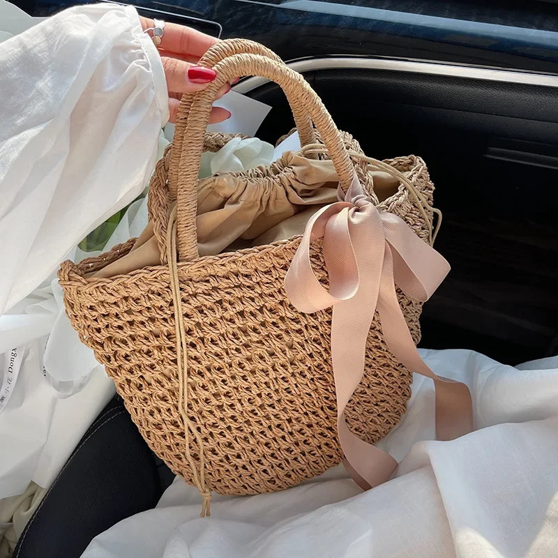 Bow Decors Bucket Shoulder Bags Handmade Straw Hollow out Bag Summer Female Travel Beach Bag Purse Vintage Handbags Bolsa 250714