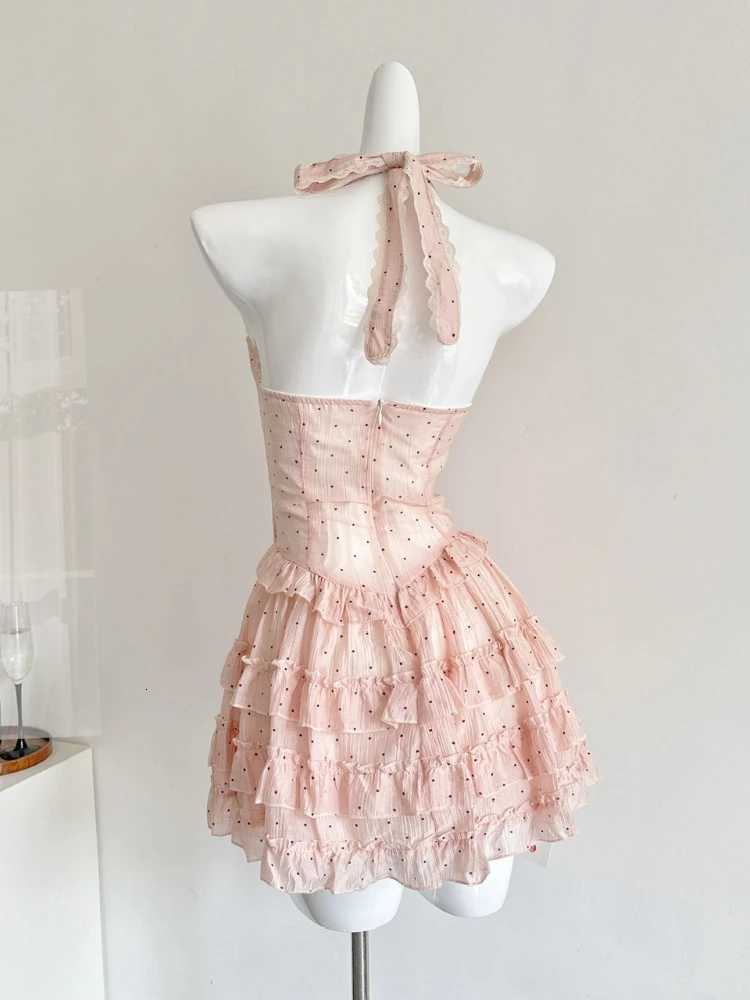 2025 Women Summer Pink Polka Dot Halter Short Dress Lace Trim Bowknot Decoration Ruffled Stylish Party Daily Beach Wear Clothing R250716