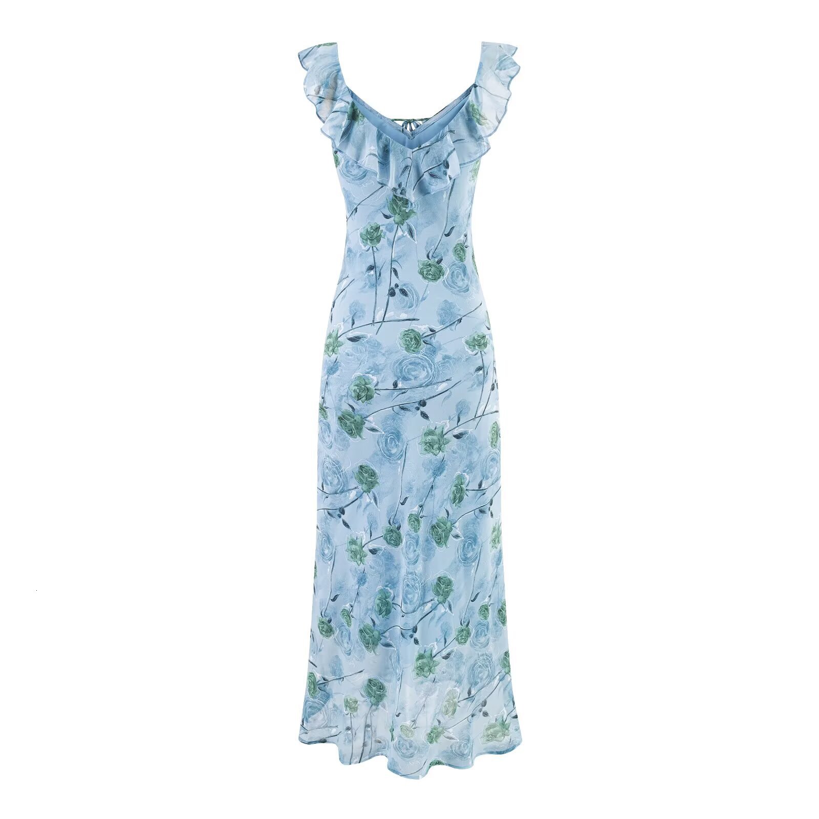 2025 Summer New European and American Style Ruffled V-Neck Strap Waist-Cinching Slimming Beach Vacation Dress