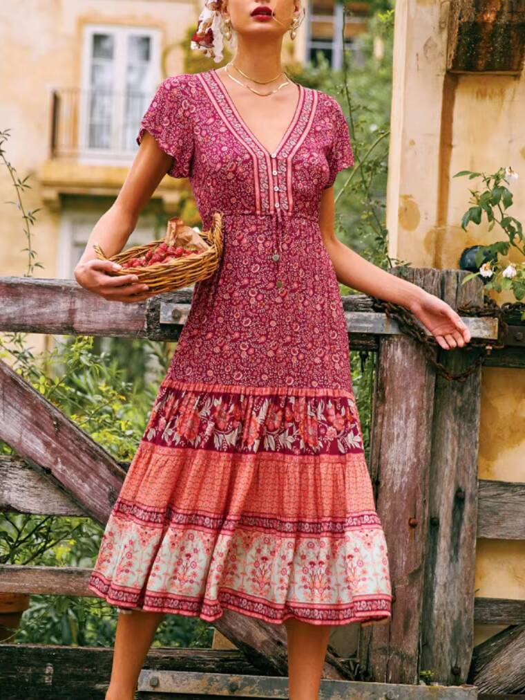 Vintage Chic Women Floral Print Bat Sleeve Beach Bohemian Maxi Dresses Ladies Button V Neck Summer Boho Dress Robe Vestidos dongdumaoyi