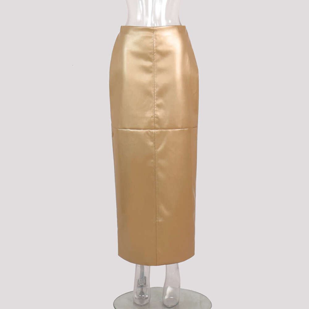 PU Spring Split Stitching Metallic Glossy Leather Bodycon Skirt For Women B5