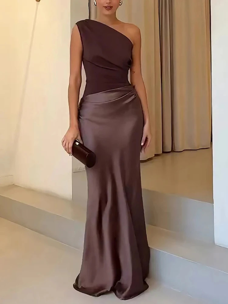 Mozision Satin Inclined Shoulder Sexy Maxi Dress Women Fashion Patchwork Sleeveless Backless Bodycon Evening Club Party Dress 250715