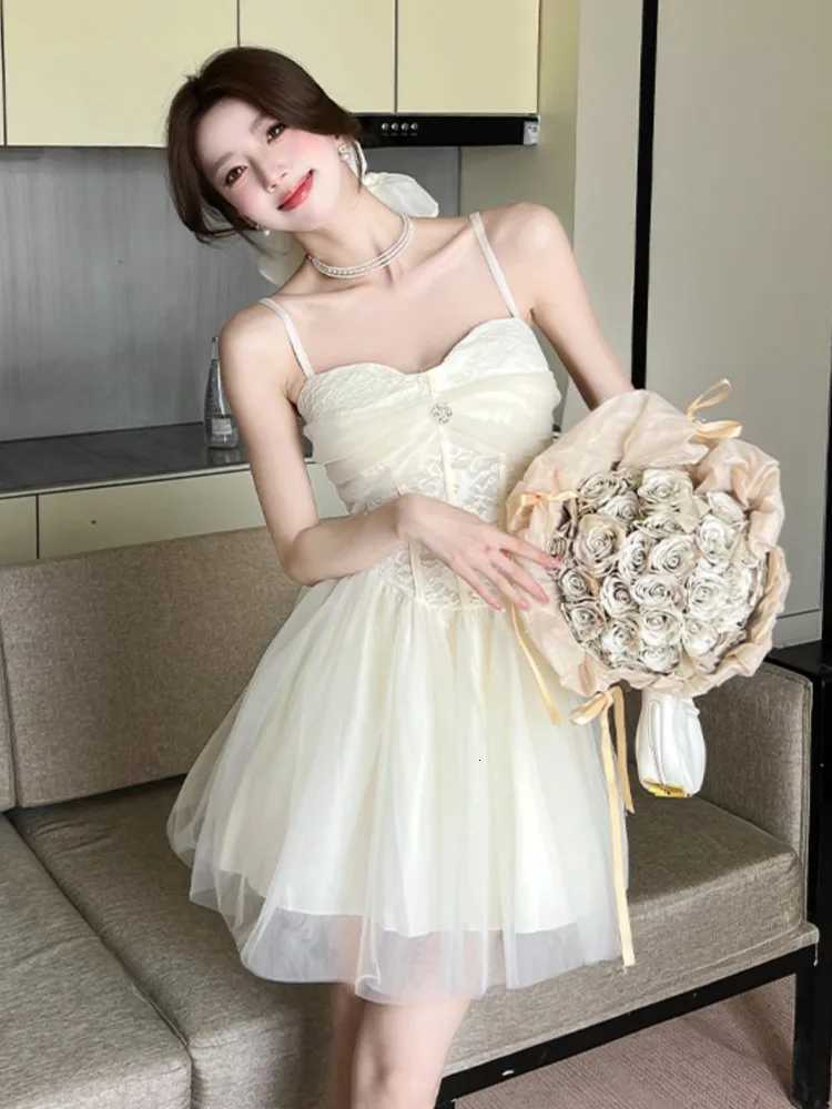 Women Summer Elegant Lace Mesh Strap Princess Dress Korean High Waist A-Line Mini Dresses Birthday Evening Party Chic Ball Gown R250716