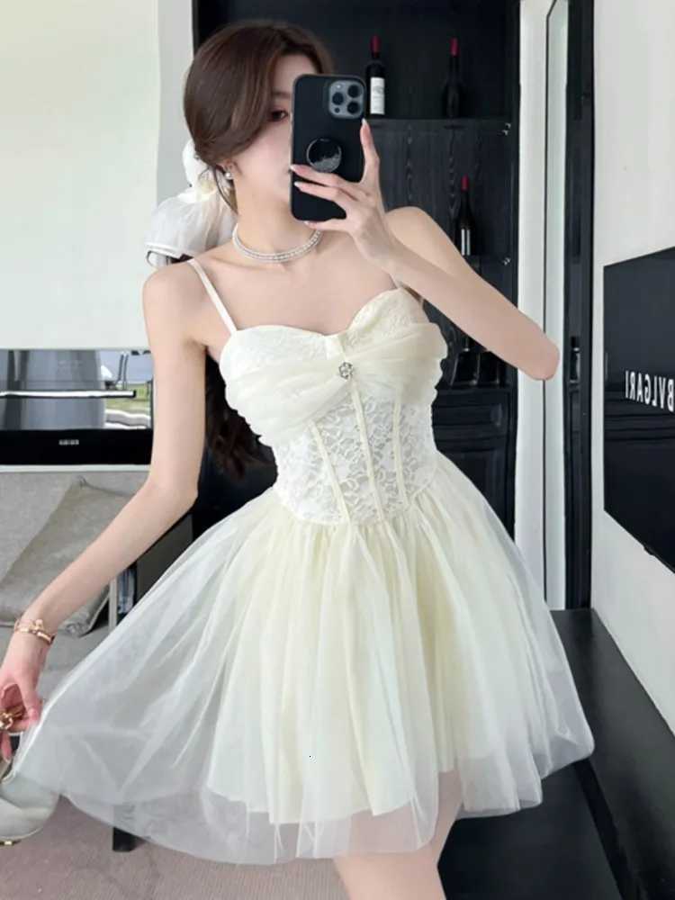 Women Summer Elegant Lace Mesh Strap Princess Dress Korean High Waist A-Line Mini Dresses Birthday Evening Party Chic Ball Gown R250716