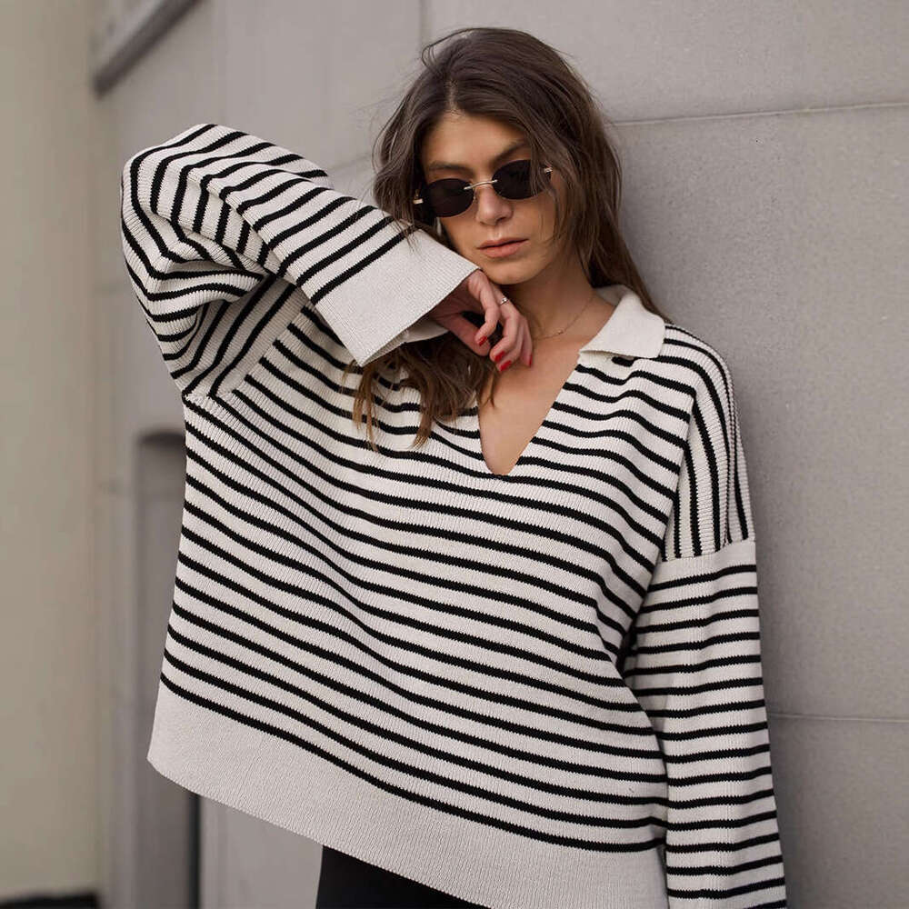 Black Sweater Autumn Winter New Turn-Down Collar Striped Long Sleeve Loose Pullover Knitwear For Women B5