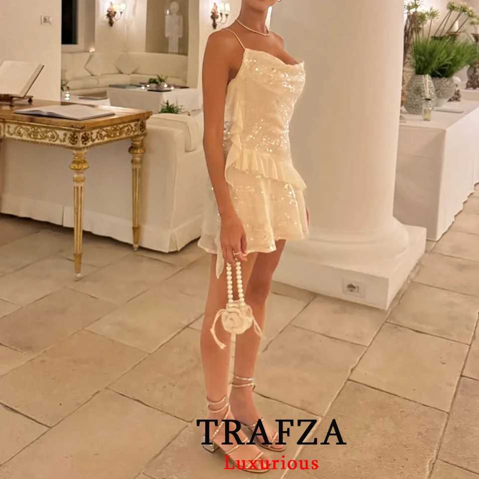 TRAFZA Sexy Chic Women Dress Solid Cami Backless Sequined Tiered Mini Short Dress New Fashion 2025 Summer Club Party Dress R250716