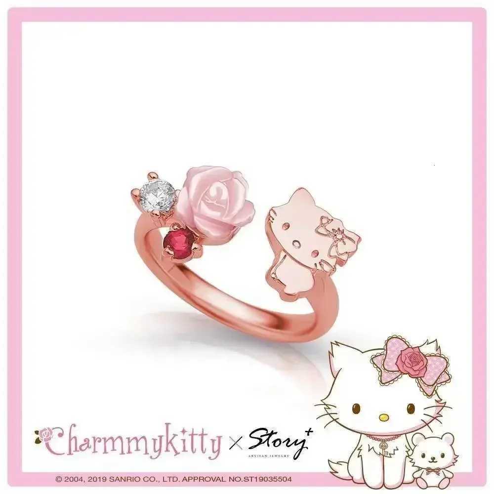 Sanrio 925 Sterling Silver Electroplated Hello Kitty Chami Kitty Rose Ring for Women Kwaii Jewelry Girls Birthday Gift w250716