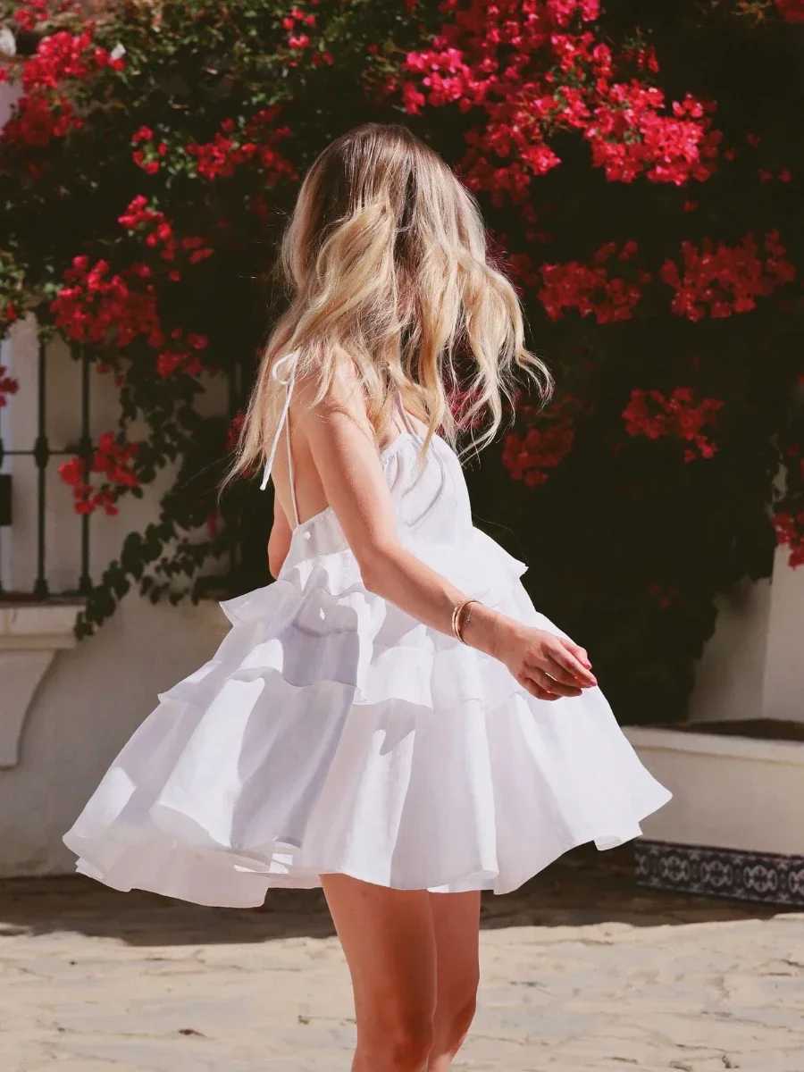 100% Cotton Womens Summer Dress Strap Sleeveless Mini Dress Classic Ruffle Female Beach Dress R250716