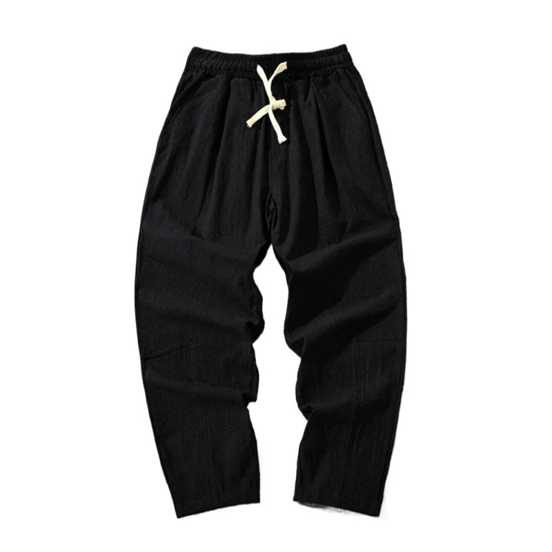 Summer Men Cotton Trousers Casual Solid Color Long Pants Breathable Drawstring Straight Streetwear Harem Pants Men Baggy Pants 250715