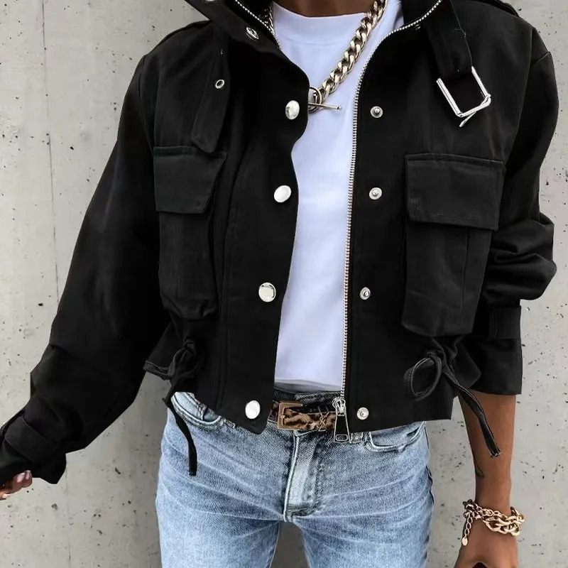 Autumn Winter Print Casual Jacket For Women Short Coats Long Sleeve Pockets Fashion Jackets Y2k High Street Style Coat Female 250715