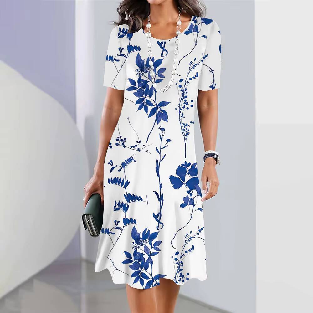 2024 Womens Floral Print Summer Elegant Midi Dresses Female Short Sleeve Dress Fashion Oversized Clothes dongdumaoyi
