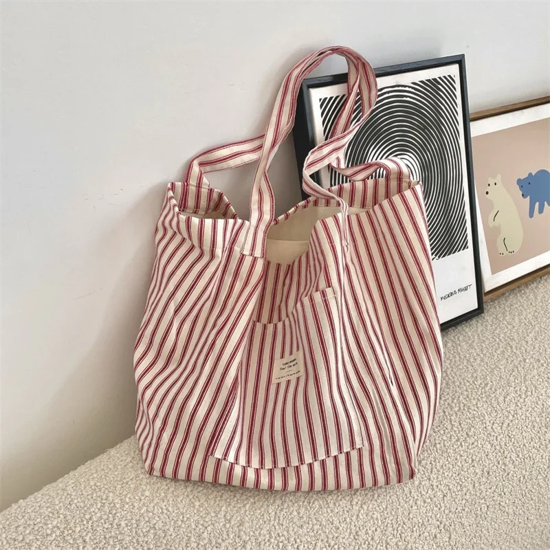 Shoulder Bag Large Capacity Canvas Bag for Women Causal Striped Shopping Lightweight Commuting Shoulder Bags 250714