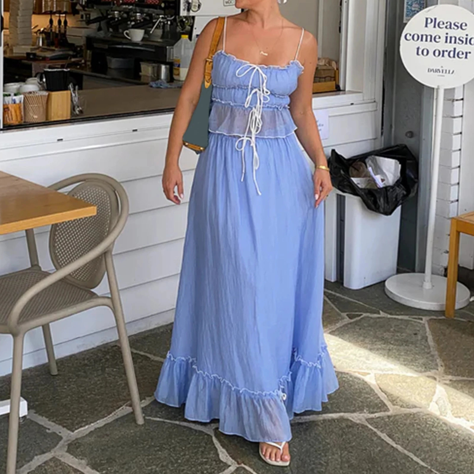Women Y2k 2 Piece Outfits Patchwork Front Tie-Up Camisoles and Ruched Ruffle Maxi Skirt Matching Set Beachwear 250715