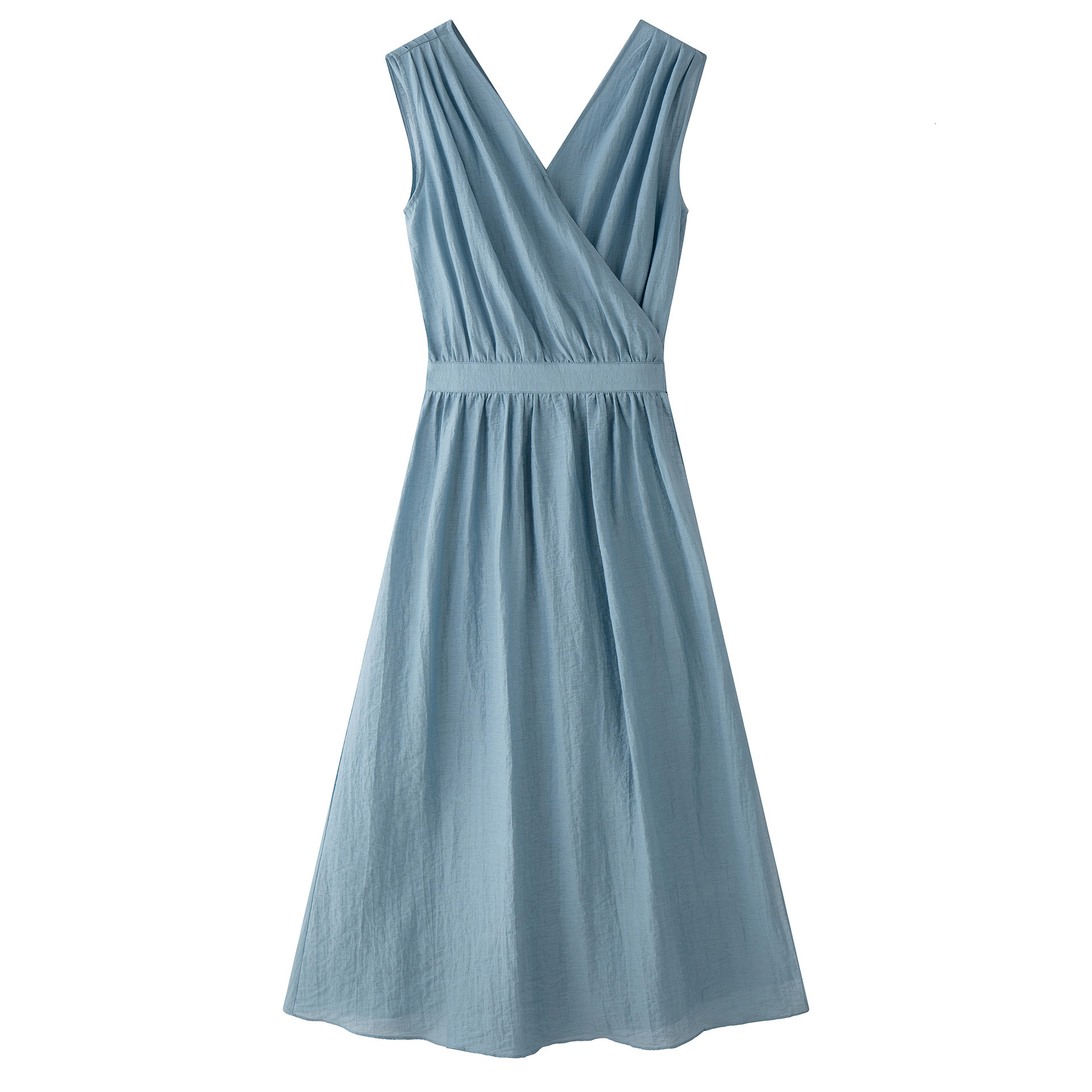 2025 Summer New French Romantic Waist-Cinching Pleated V-Neck Sleeveless Dress Lightweight and Elegant Long for Women