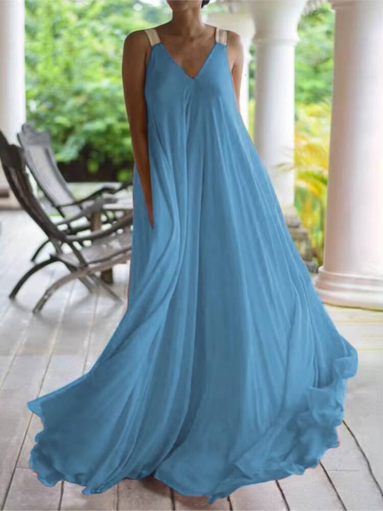 Fashion Spaghetti Strap Solid Boho Dress Summer Womens V Neck Sleeveless Loose Maxi Long Dresses New 2024 For Women Robe Femme dongdumaoyi