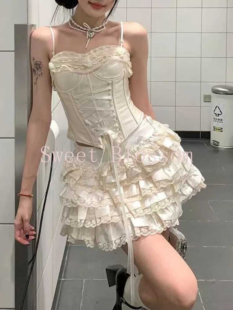 Summer Japanese Sweet Sexy 2 Piece Set Women Chic Bow Sling Top + Fluffy Cake Skirt New Design Fashion Harajuku Slim Outfit 2025 R250716