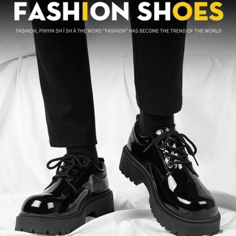 Mens Glossy Patent Leather Derby Shoes British-Style Round-Toe Boots Comfortable Formal/Casual Office Footwear for Wide Feet W250716