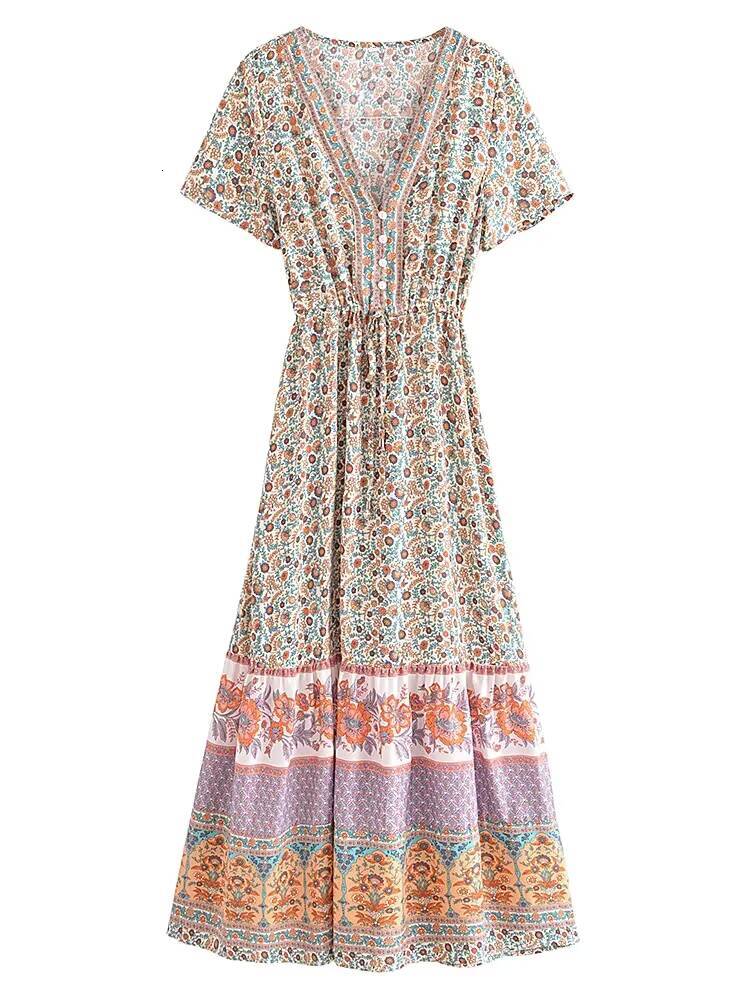 Vintage Chic Women Floral Print Bat Sleeve Beach Bohemian Maxi Dresses Ladies Button V Neck Summer Boho Dress Robe Vestidos dongdumaoyi