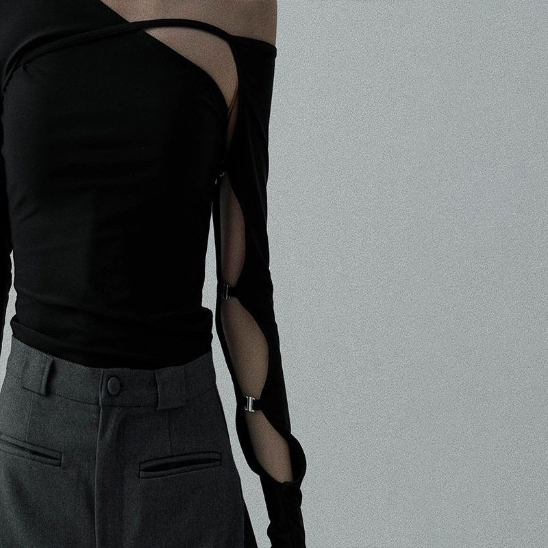 Summer New Women S T Shirt European And American Cross Border Trade Winter Design Street Style Asymmetrical Neck Hollow Out Slim Fit Long Sleeve Top F