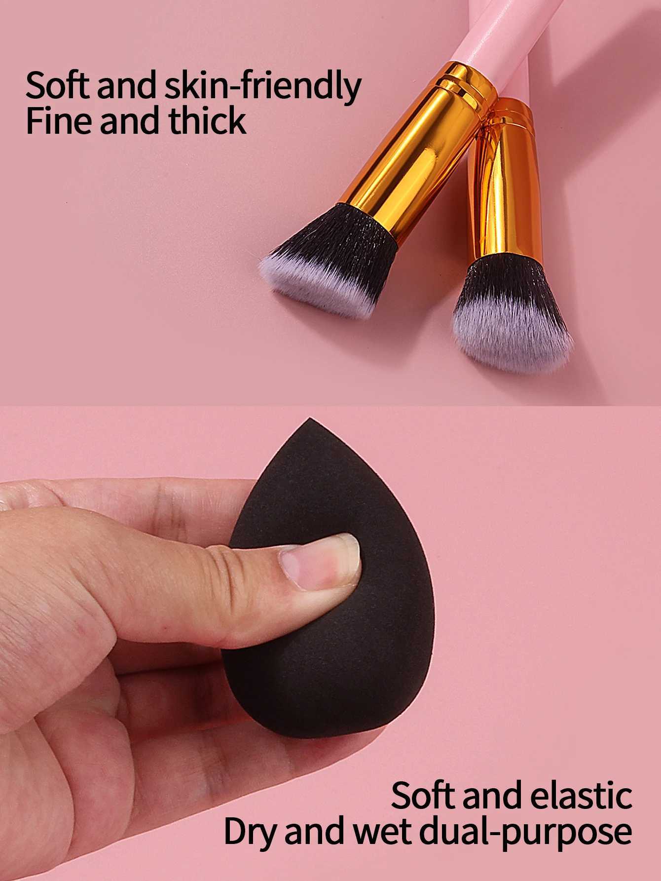 10pcs Pink Wooden Handle Makeup Brush Set with Triangular Powder Puff Sponge Egg Soft Bristles a Beginners Daily Makeup Tool XJ2500716