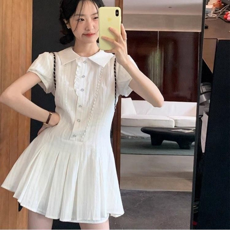 2025 Elegant Waist-Cinching French Dress Short Sleeve Shirt Summer New White Petite Pleated Skirt