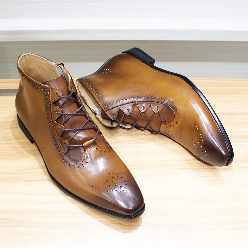 Autumn Fashion Genuine Leather Mens Ankle Boots Handmade Lace Up Zip Stylish Oxford Shoes High Quality Dress Boots for Men 250715