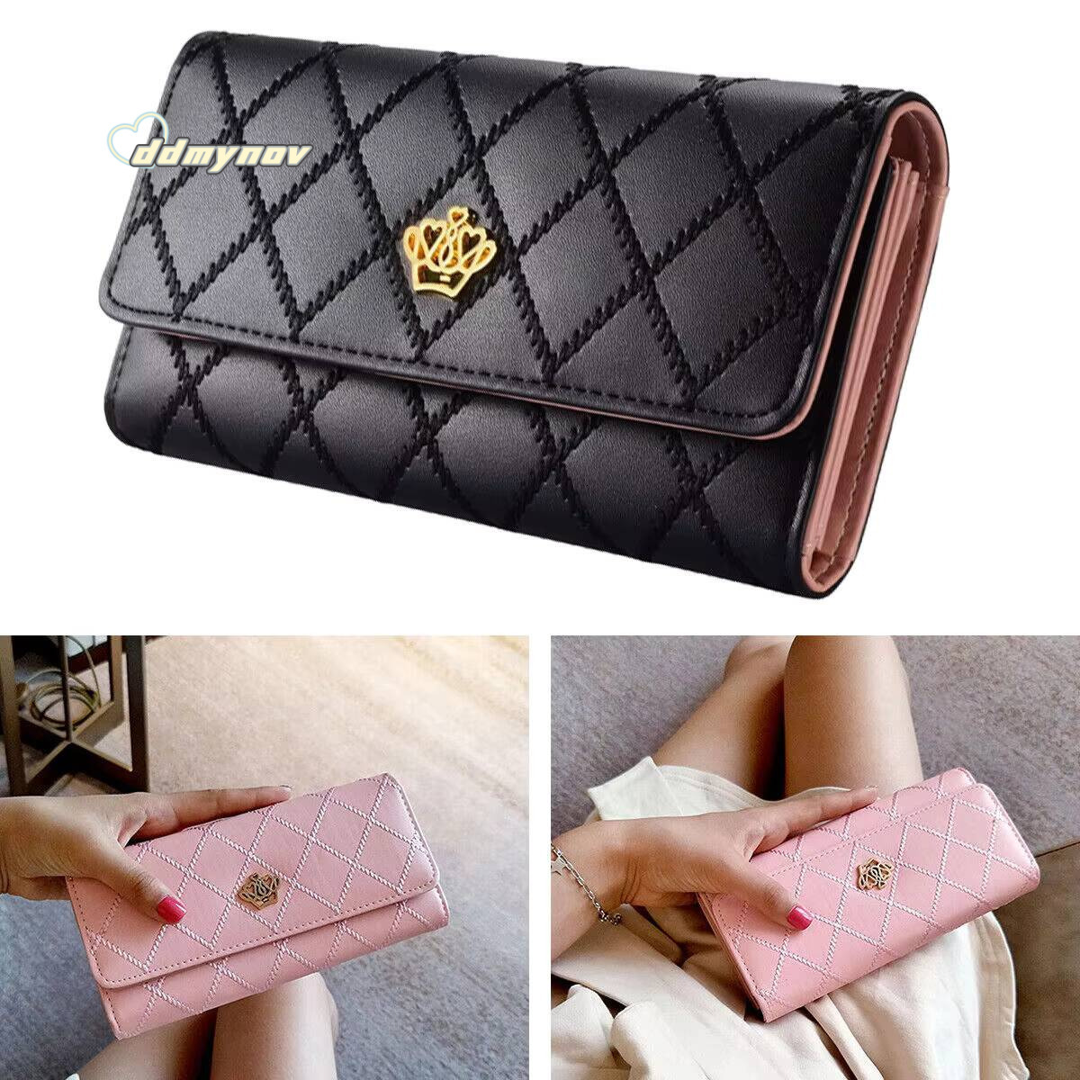 Black Long Wallets for Women PU Leather Diamond Pattern Purse Card Holder Crown Buckle Ladies Phone Fashion Clutch Bag ddmynov