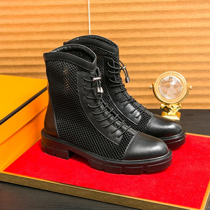 Summer Mens leather boots Thick Sole Mesh Hollow Out Outdoor Fashionable Breathable Motorcycle High Bond Leather Shoes 250715