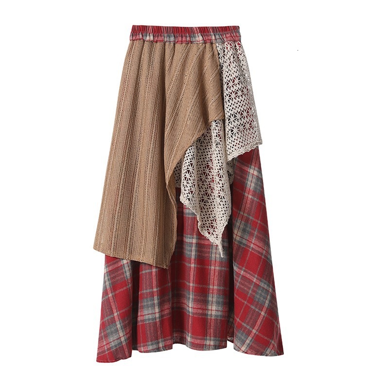 2025 Forest Style Retro Plaid Half Skirt for Women New Autumn Winter Design Irregular Patchwork High Waist A-line Long