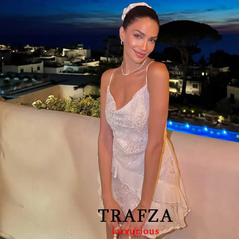 TRAFZA Sexy Chic Women Dress Solid Cami Backless Sequined Tiered Mini Short Dress New Fashion 2025 Summer Club Party Dress R250716