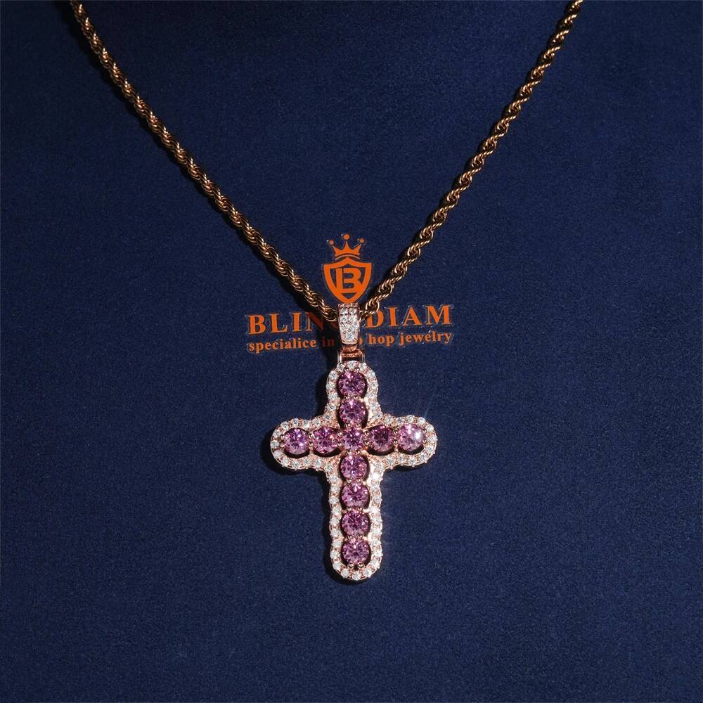 Colorful Moissanite Cross Pendant 925 Silver GRA certification Suitable for 3mm Tennis Chain